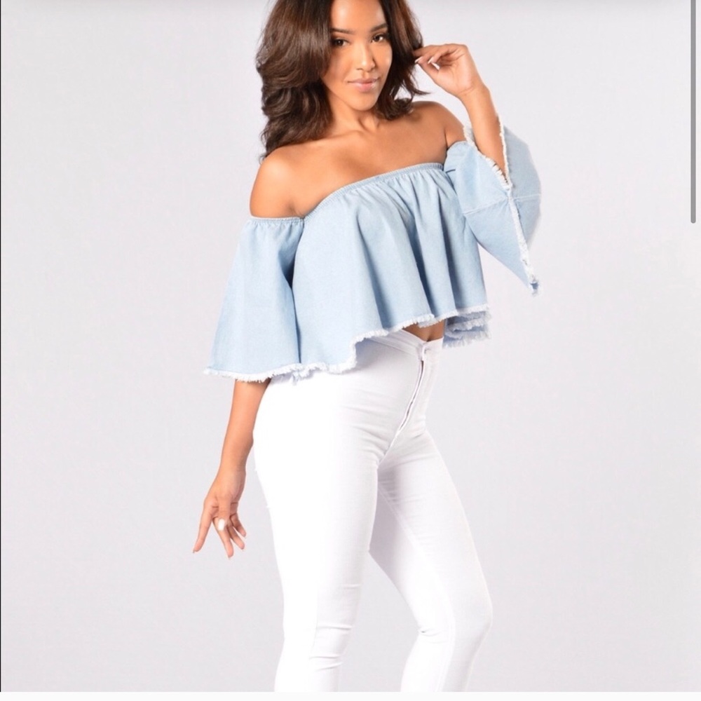 Fashion Nova Light Denim off the shoulder Top